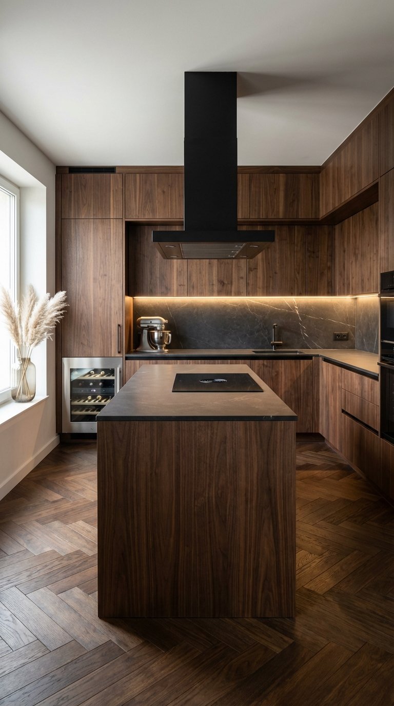 ilot cuisine bois fonce parquet chevron