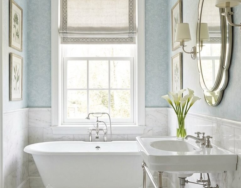 salle de bain papier peint bleu