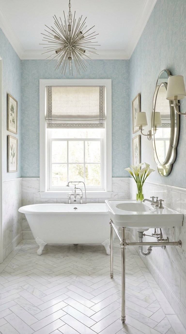 salle de bain papier peint bleu