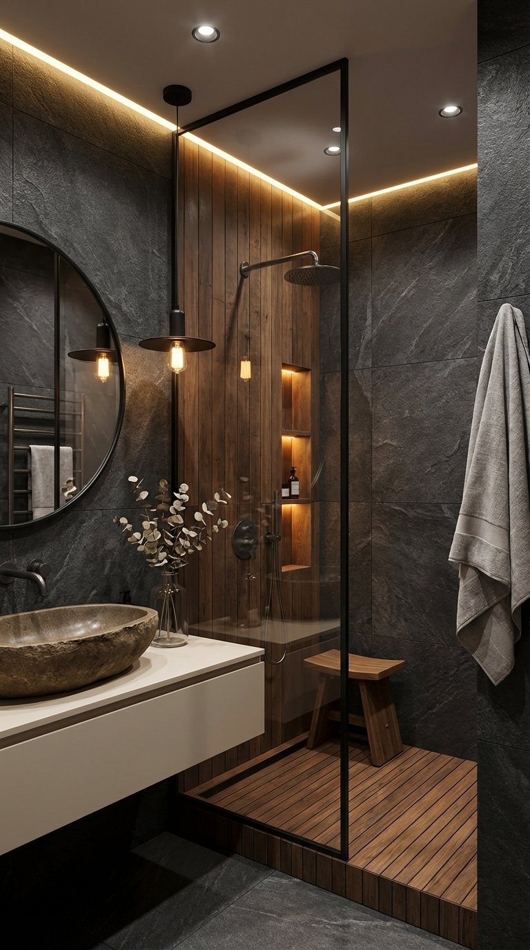 salle de bain pierre sombre bois