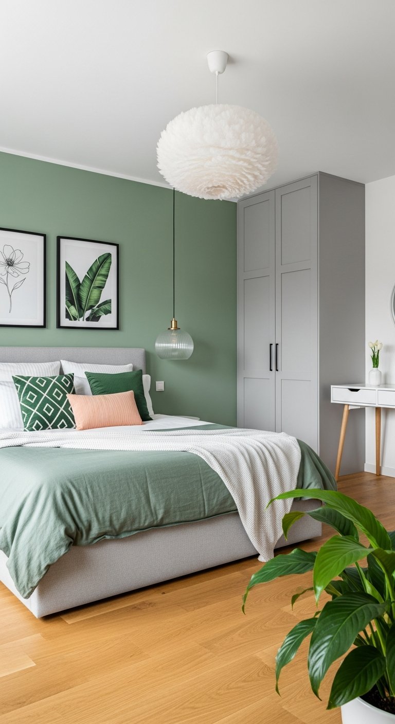 chambre minimaliste mur vert sauge