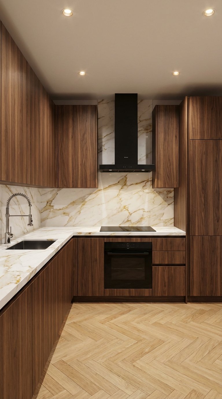 cuisine minimaliste bois fonce marbre