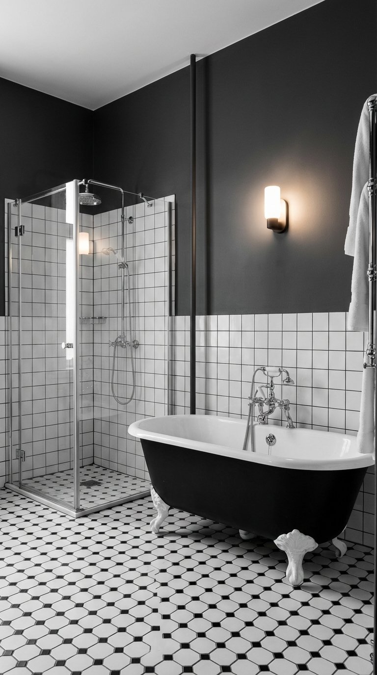 salle de bain noir et blanc retro
