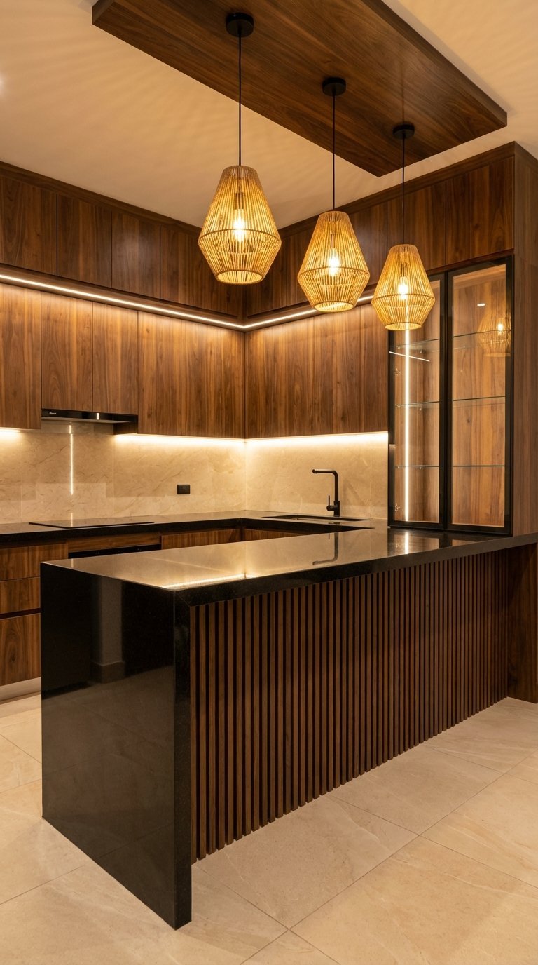 ilot central tasseaux bois fonce