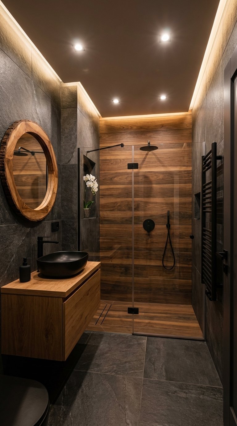 salle de bain noire et bois