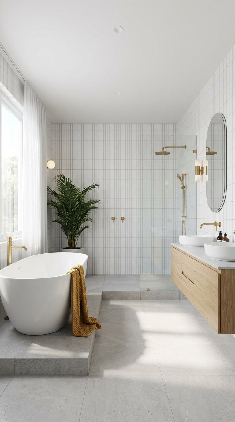 baignoire ilot carrelage vertical blanc