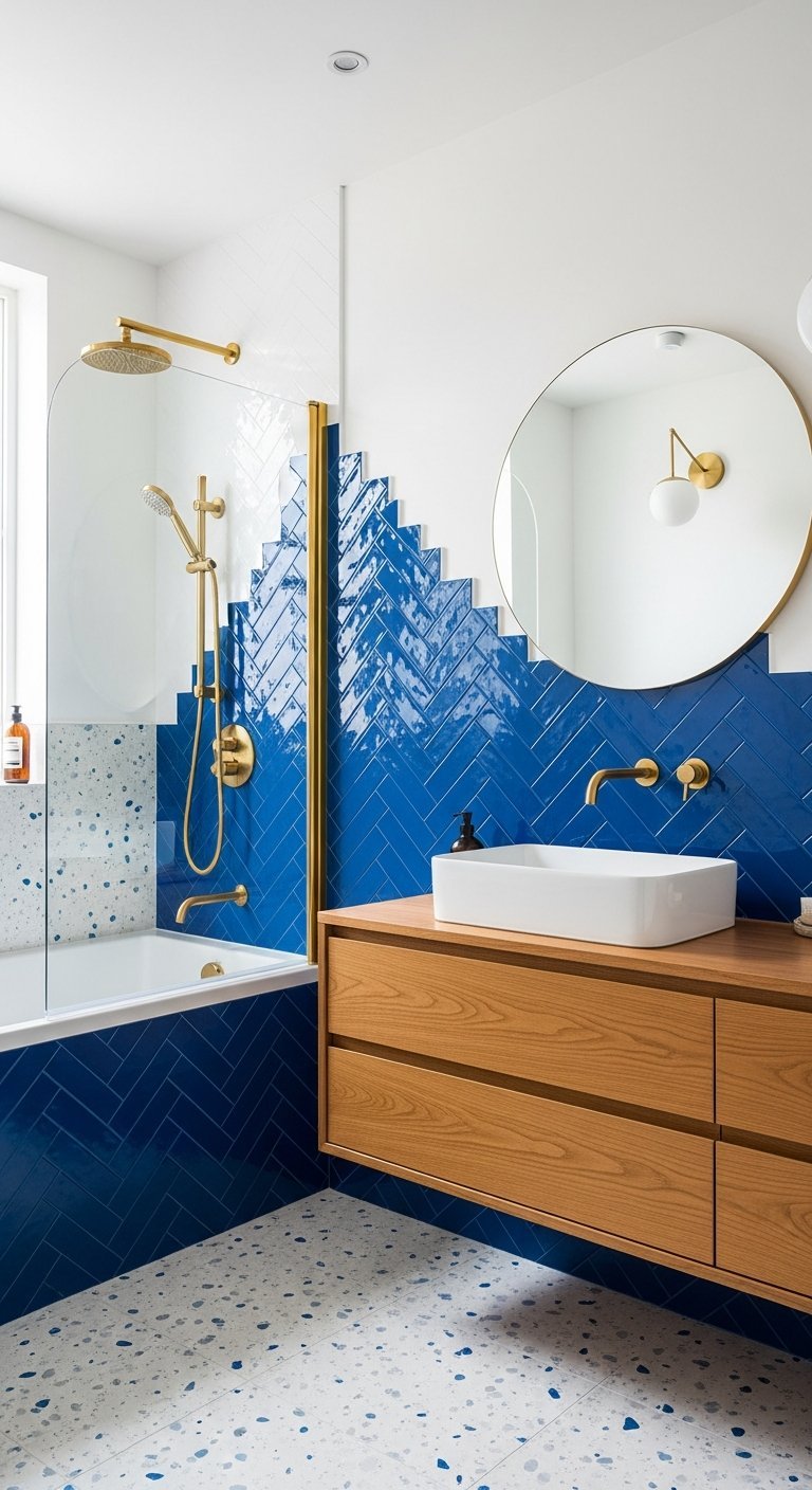 salle de bain bleu chevrons