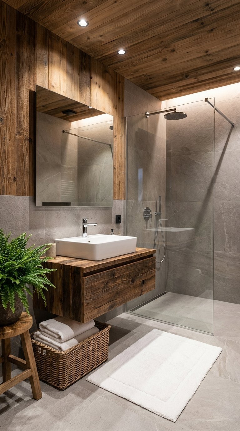 salle de bain grise plafond bois