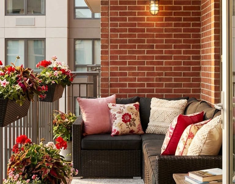 balcon rotin sombre fleurs brique