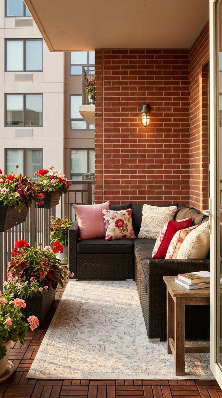 balcon rotin sombre fleurs brique