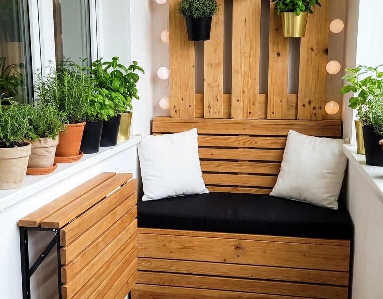 banquette bois mur plantes balcon