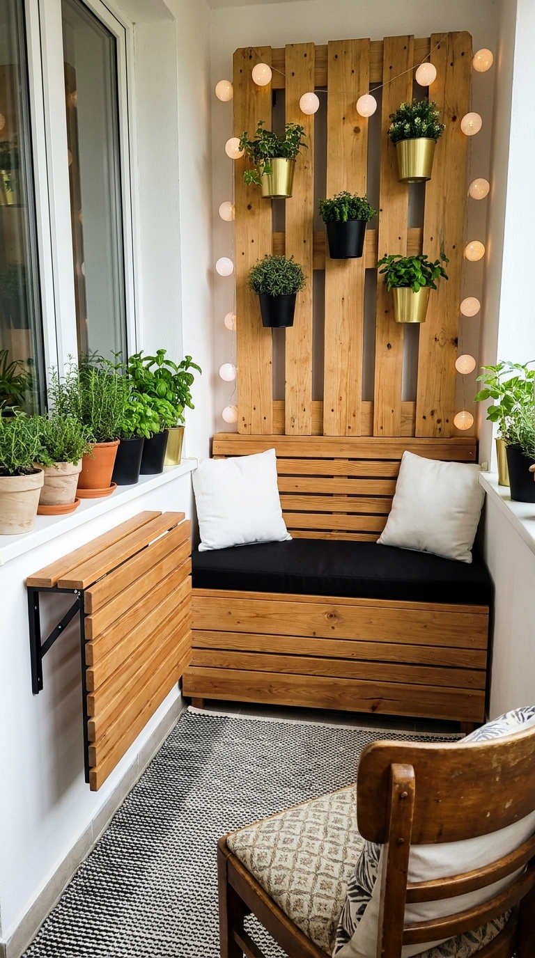 banquette bois mur plantes balcon