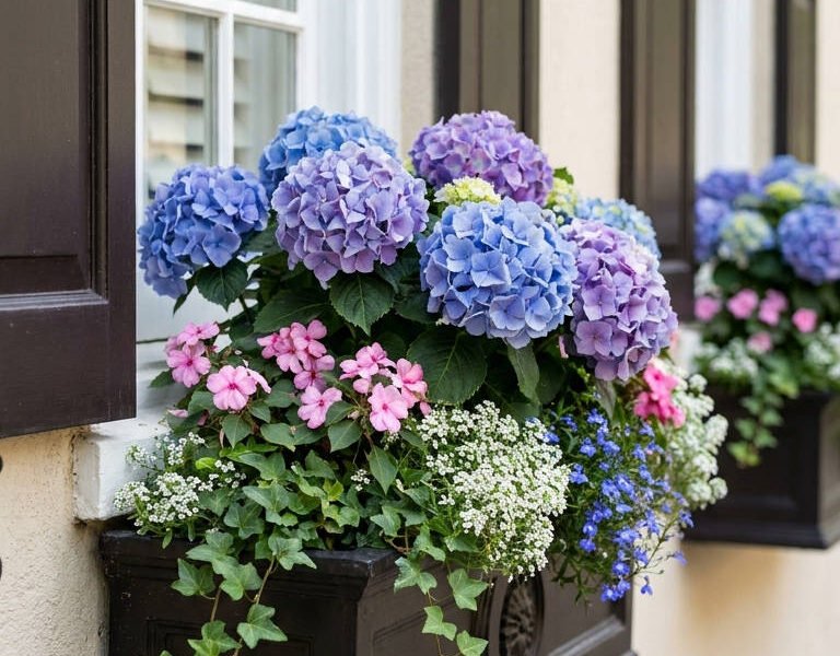 jardiniere noire hortensias volets