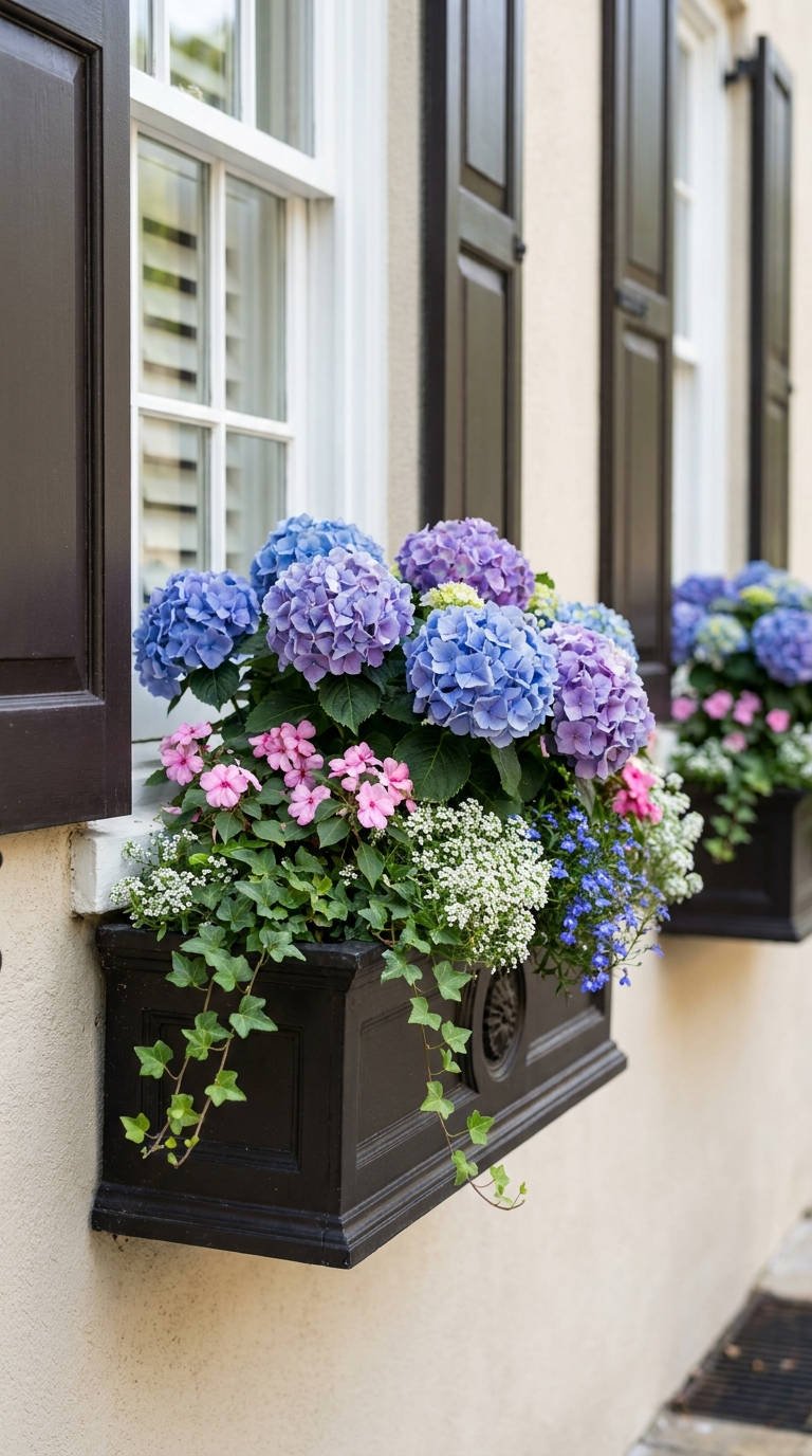 jardiniere noire hortensias volets