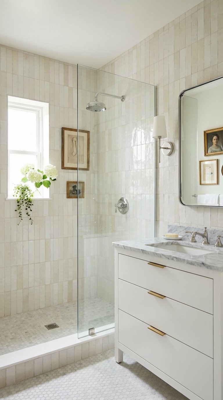 marbre blanc douche italienne doree