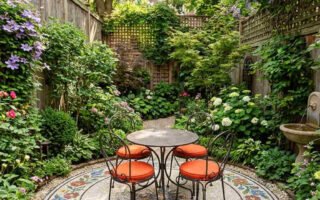 patio mosaique bistrot coussins orange