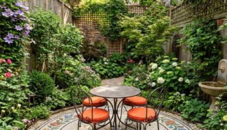 patio mosaique bistrot coussins orange