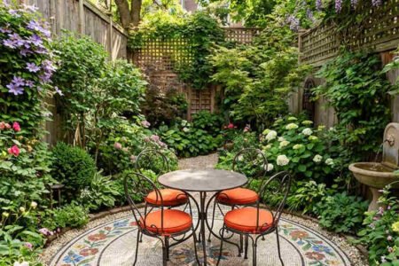 patio mosaique bistrot coussins orange