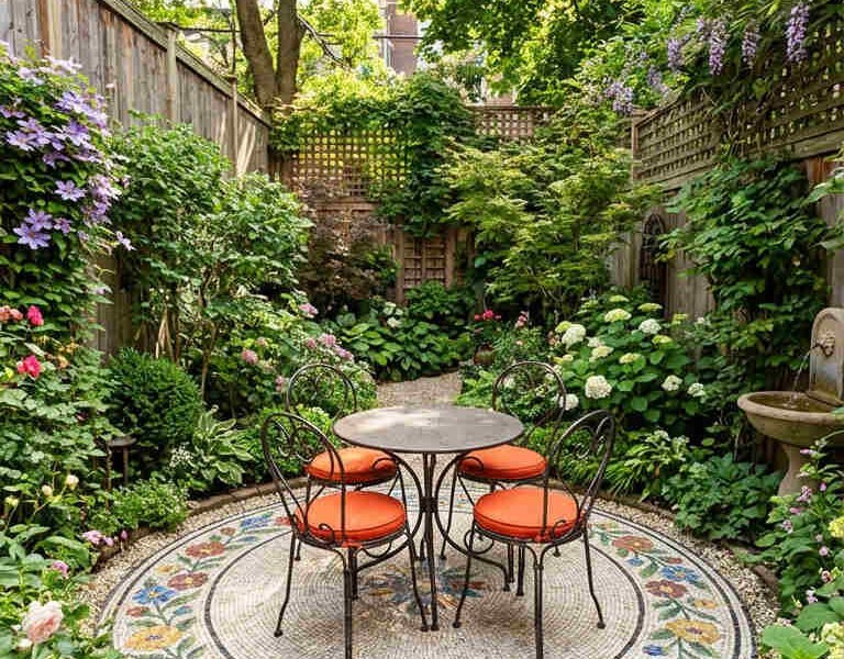 patio mosaique bistrot coussins orange