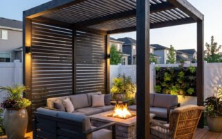 pergola noire moderne brasero pierre