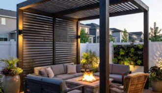 pergola noire moderne brasero pierre