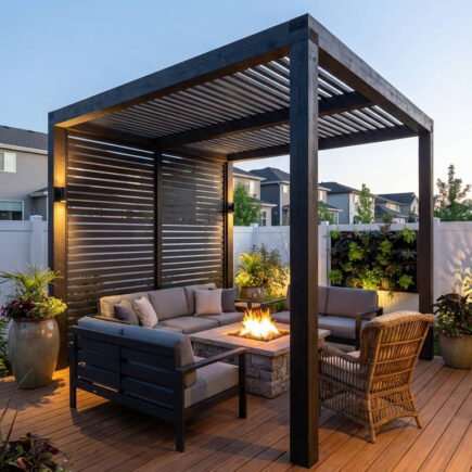 pergola noire moderne brasero pierre