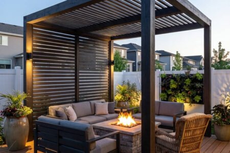 pergola noire moderne brasero pierre