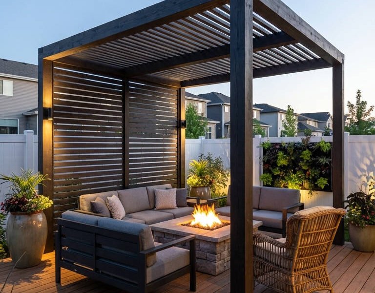 pergola noire moderne brasero pierre