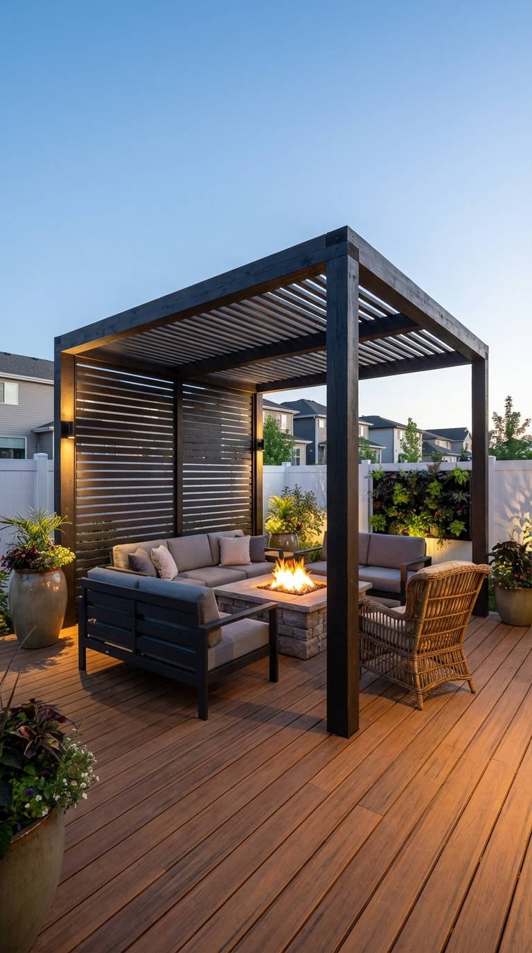 pergola noire moderne brasero pierre