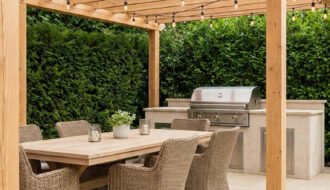 pergola repas chaises osier lumiere