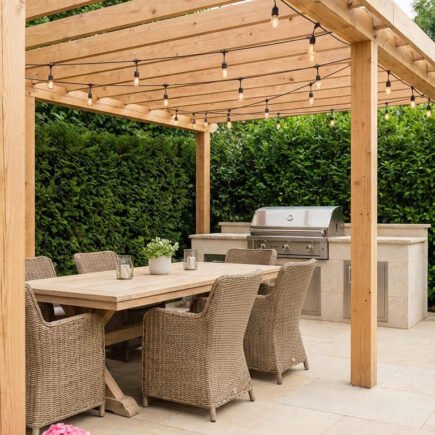 pergola repas chaises osier lumiere