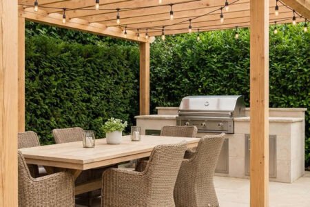 pergola repas chaises osier lumiere