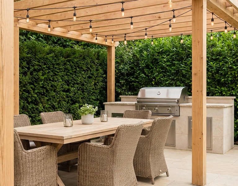 pergola repas chaises osier lumiere