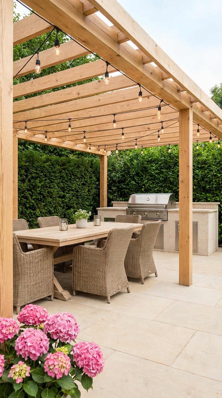 pergola repas chaises osier lumiere