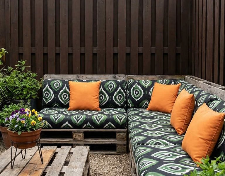 salon palette gravier coussins terracotta