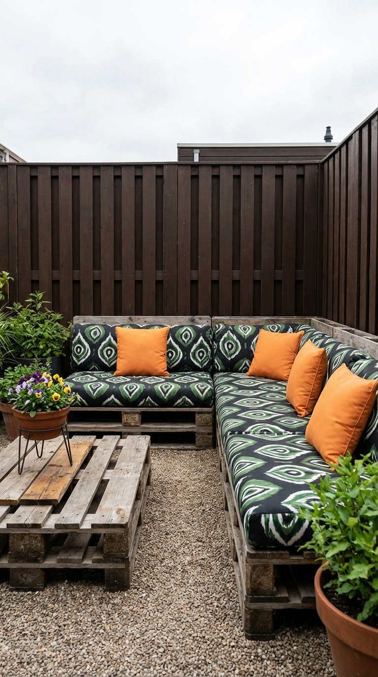 salon palette gravier coussins terracotta