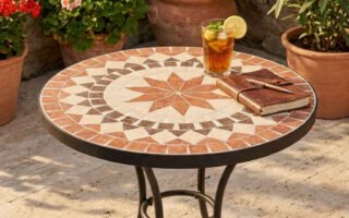 table mosaique terrasse travertin geraniums