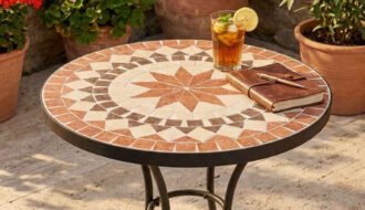 table mosaique terrasse travertin geraniums