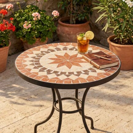 table mosaique terrasse travertin geraniums