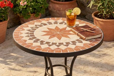 table mosaique terrasse travertin geraniums