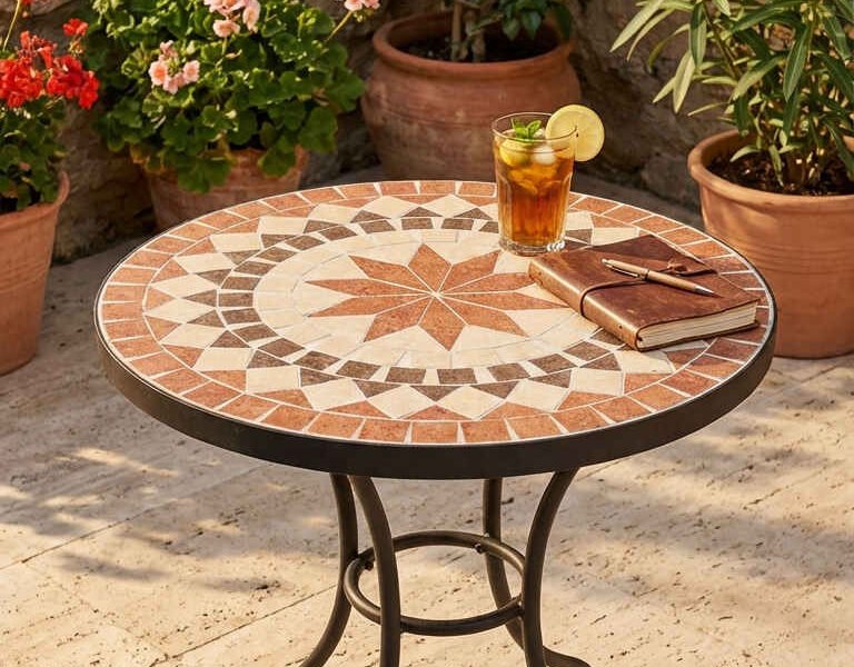 table mosaique terrasse travertin geraniums
