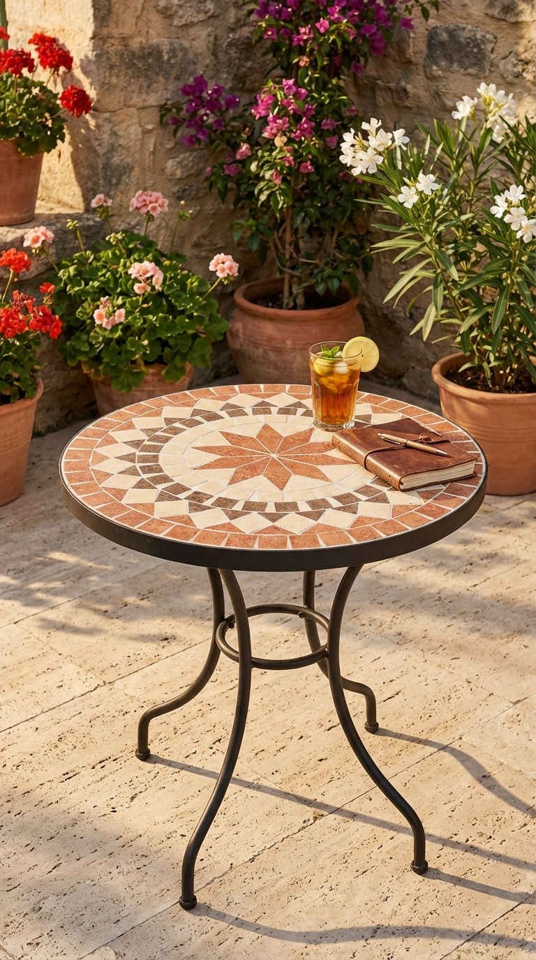 table mosaique terrasse travertin geraniums