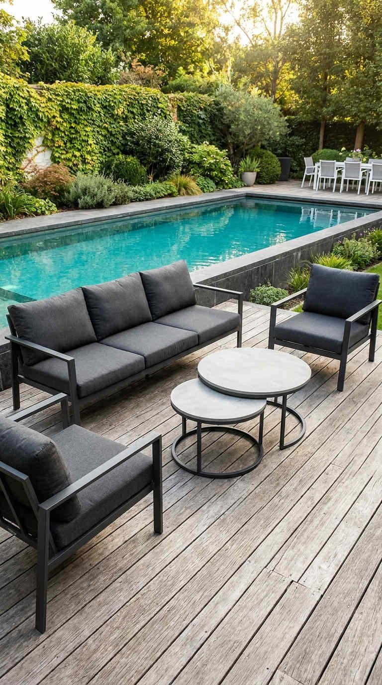 terrasse bois salon gris piscine