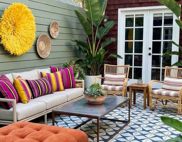 terrasse carrelage bleu coussins terracotta