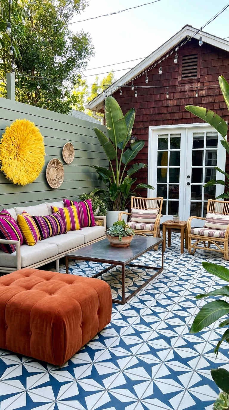 terrasse carrelage bleu coussins terracotta