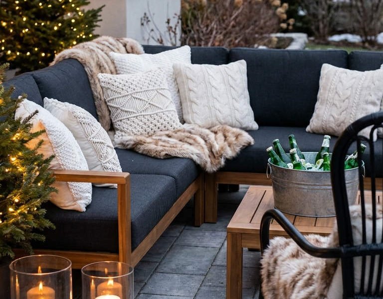 terrasse hiver canape bougies plaids