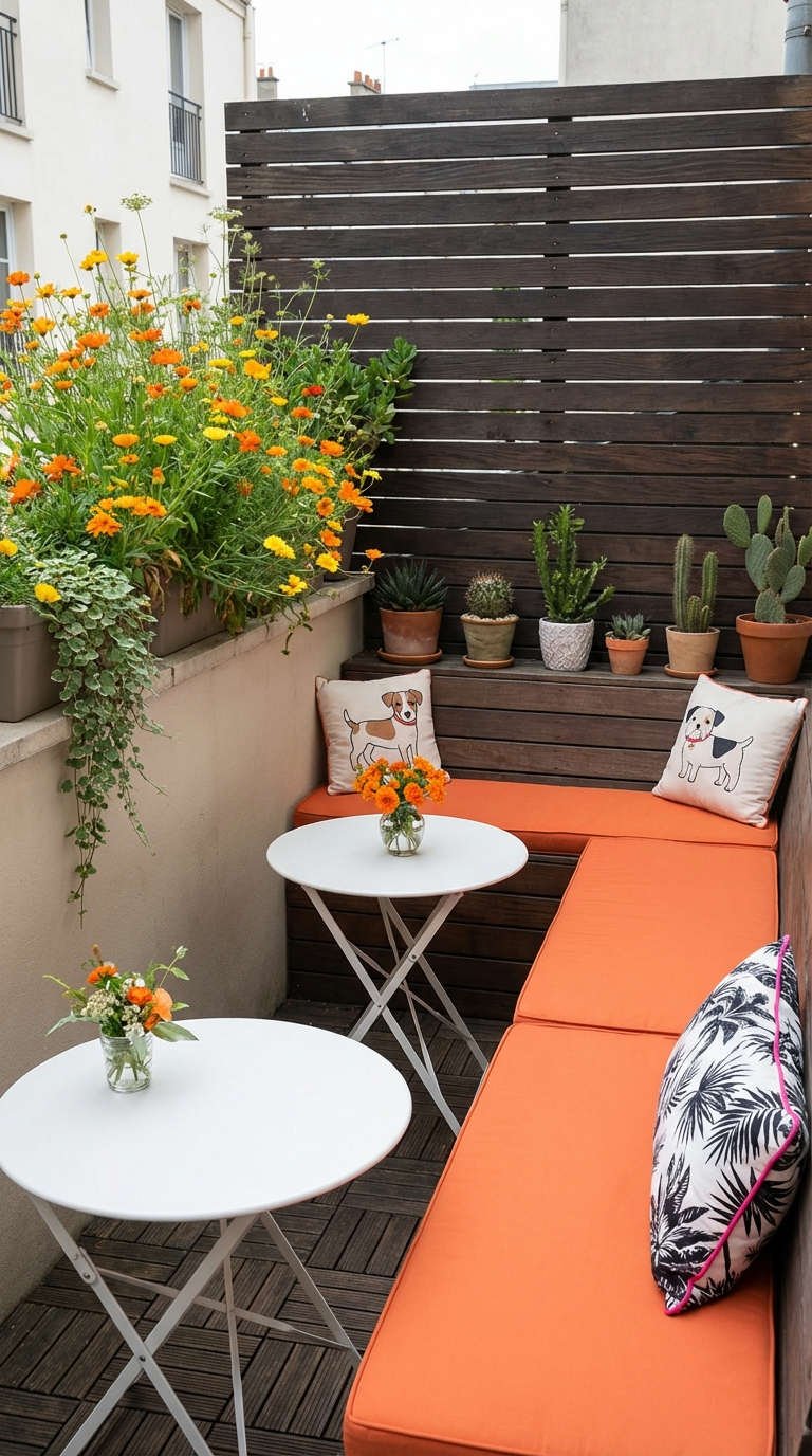 balcon banc angle coussins orange succulentes