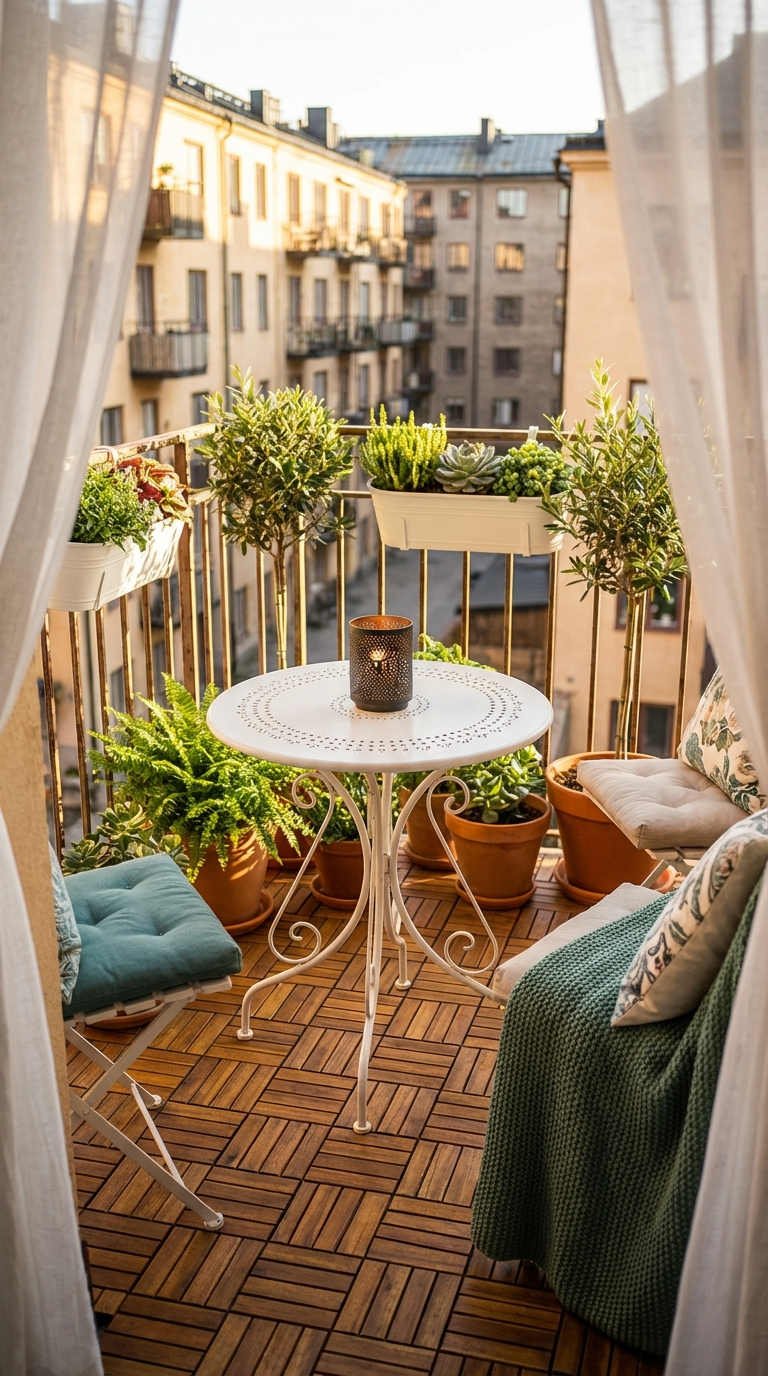 balcon plantes voilages table bistrot blanc