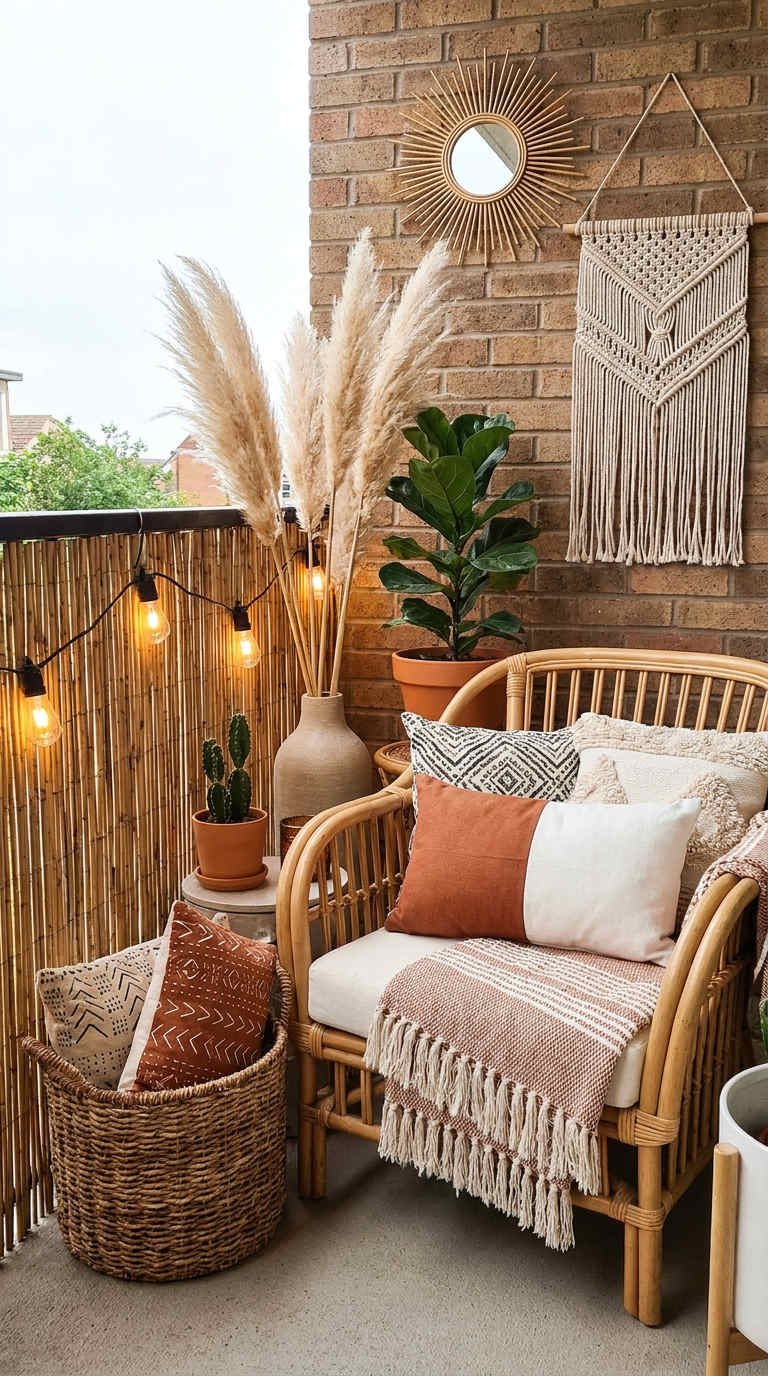 fauteuil rotin macrame balcon brique