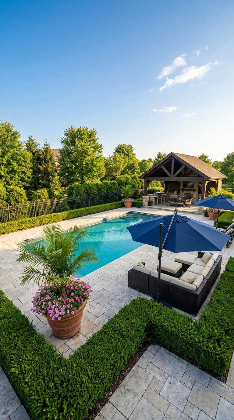 jardin piscine pool house parasols